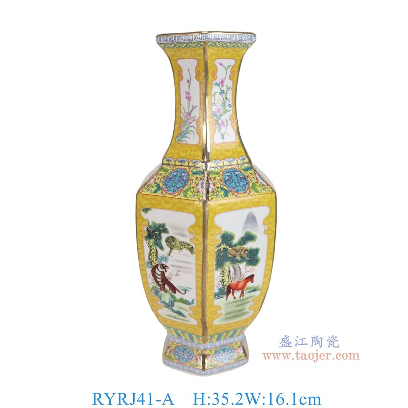 RYRJ41-A   珐琅彩黄底开窗动物走兽六方瓶