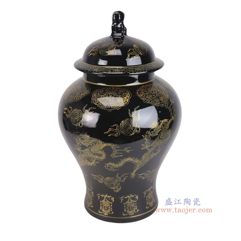 RYRJ15-C   黑底描金龙纹狮子头将军罐