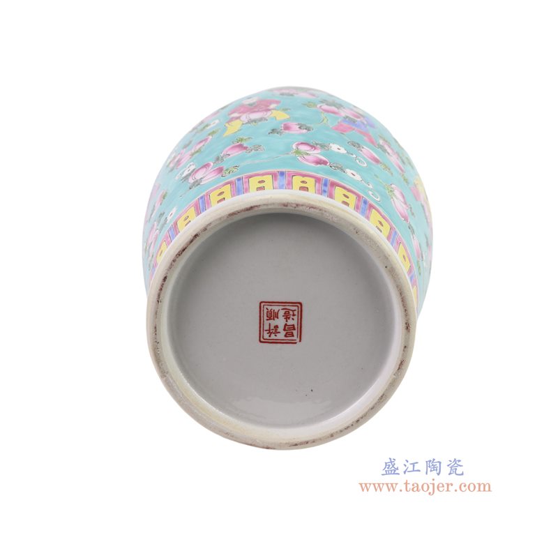 RYZG36-D   粉彩绿底寿桃童子双耳瓶：RYZG36-D       产品尺寸(单位cm):  高：40.5直径：19.6口径：13底径：15.3重量：3.45KG