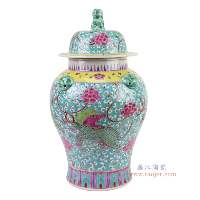 RYZG34-H   粉彩绿底麒麟狮头将军罐