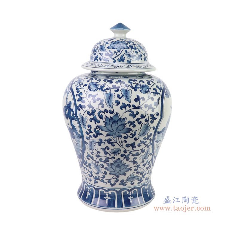 RYKB190-A   青花缠枝莲开窗人物将军罐