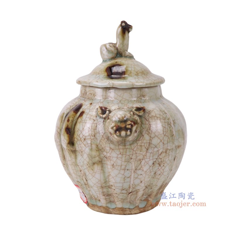 RXCL20-A   仿宋湖田窑白色开片裂纹釉兽耳狗头罐