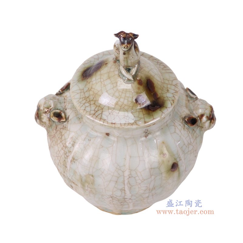 RXCL20-A   仿宋湖田窑白色开片裂纹釉兽耳狗头罐