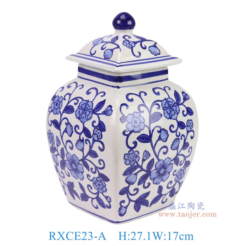RXCE23-A   青花花叶纹四方将军罐