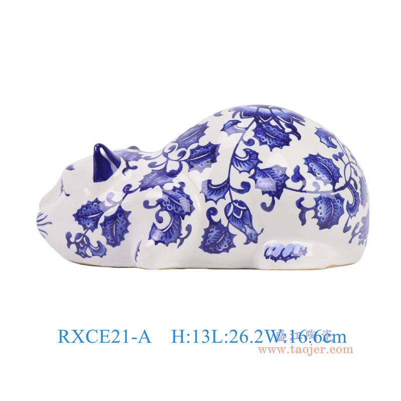 RXCE21-A 青花花叶纹猫咪雕塑