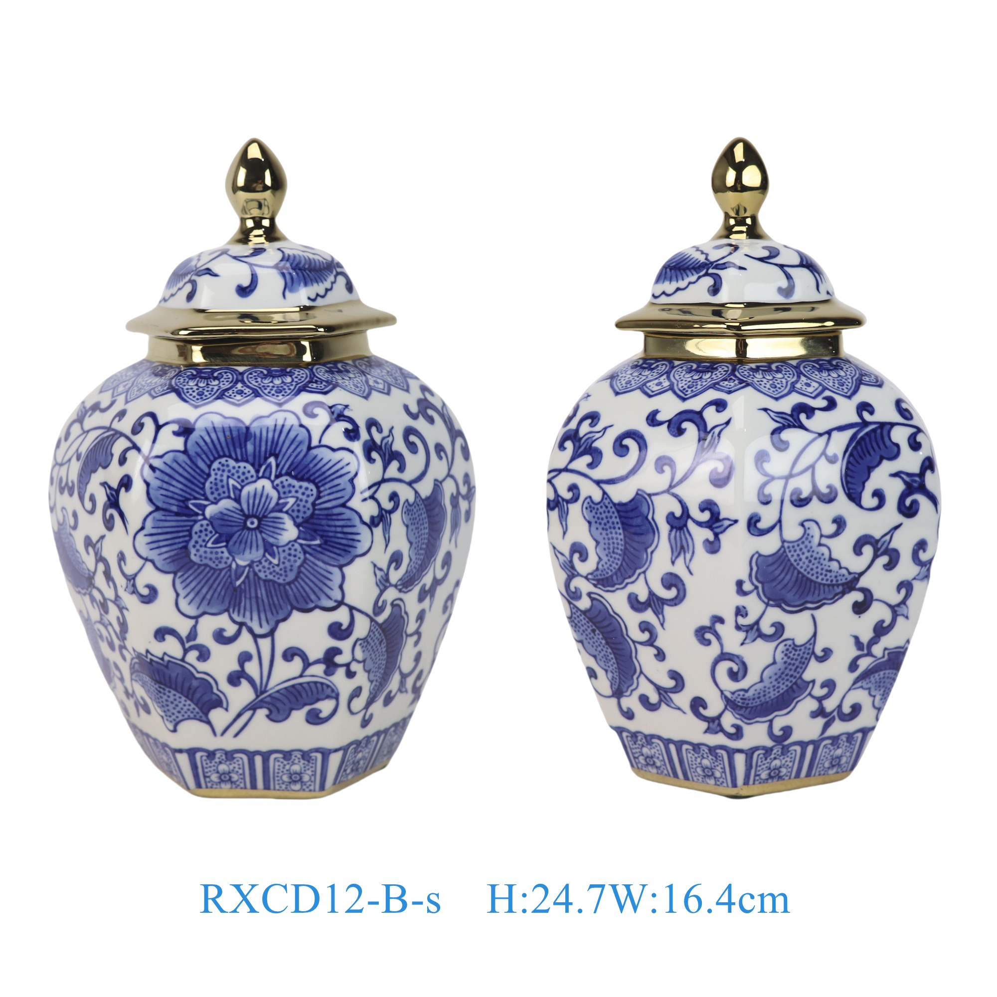 RXCD12-B-s青花花叶纹镀金六方将军罐 