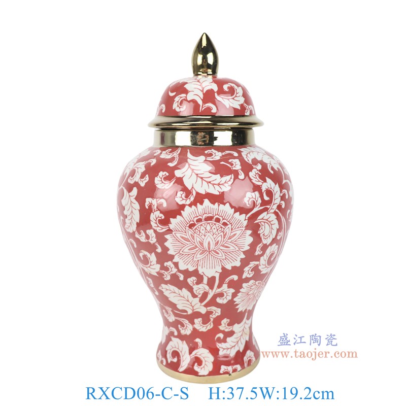 RXCD06-C-L-S-ZUHE红底白花叶纹镀金将军罐大号