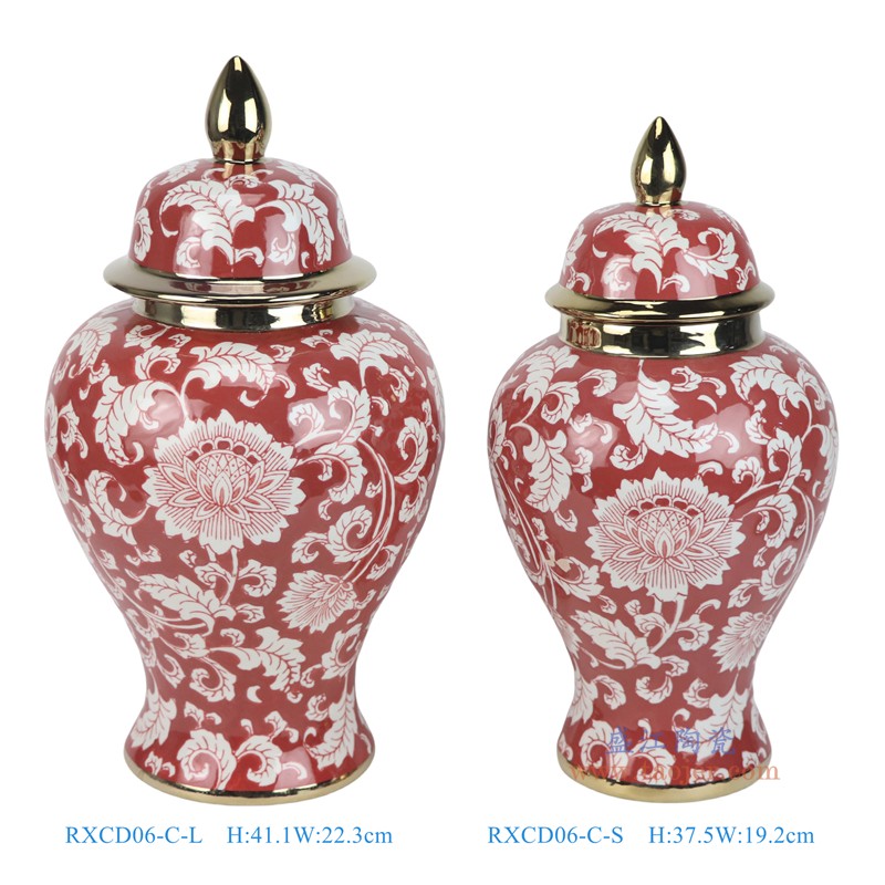 RXCD06-C-L-S-ZUHE红底白花叶纹镀金将军罐大小号