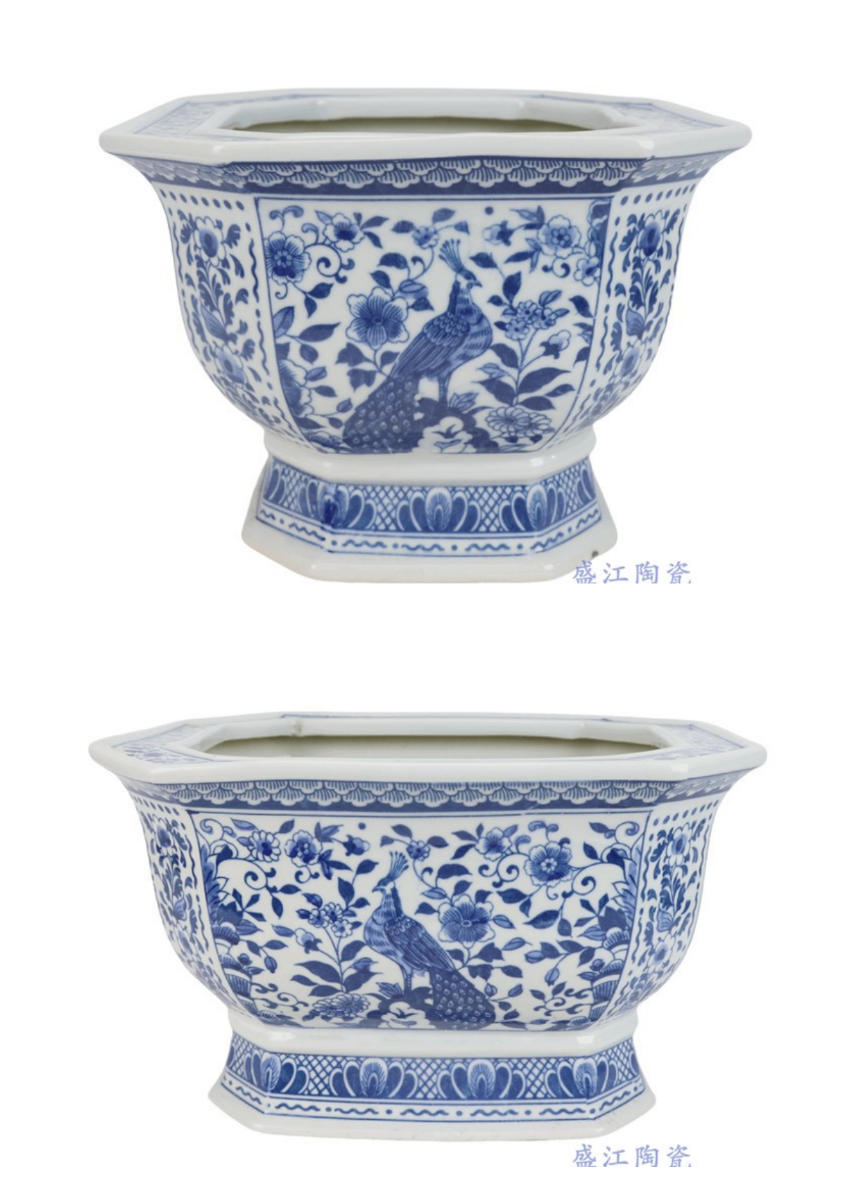 RZSI68-B青花花鸟孔雀纹长方八角花盆  RZSI68-A青花花鸟孔雀纹八角花盆
