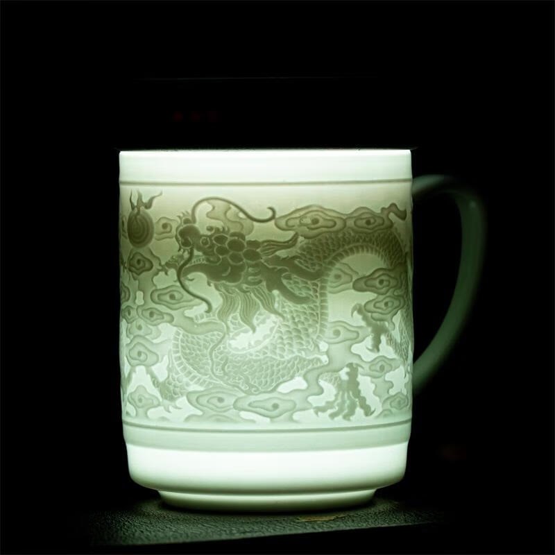 RXED11-A 青釉雕刻双龙戏珠茶杯办公杯 