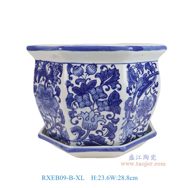 RXEB09-B-XL青花花叶纹八角花盆带托盘加大号