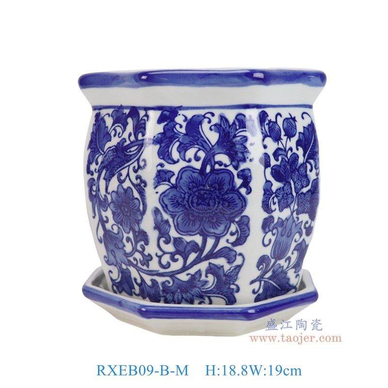 RXEB09-B-M青花花叶纹八角花盆带托盘中号