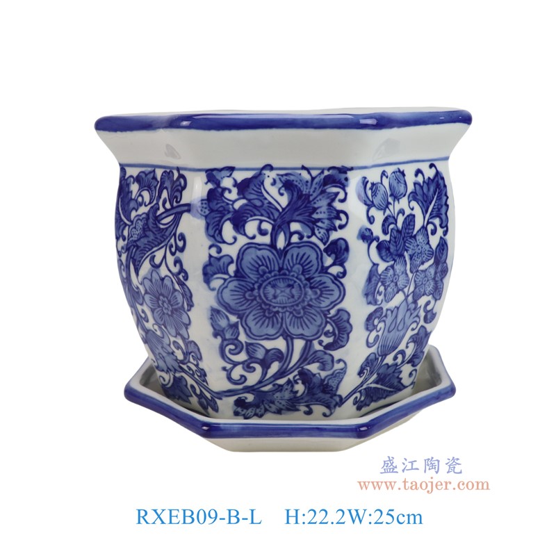 RXEB09-B-L青花花叶纹八角花盆带托盘大号