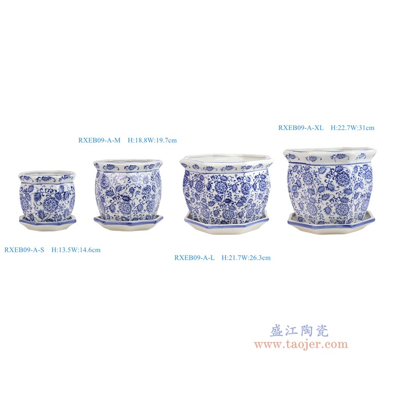 RXEB09-A-XL-L-M-S 青花花叶纹八角花盆带托盘四件套
