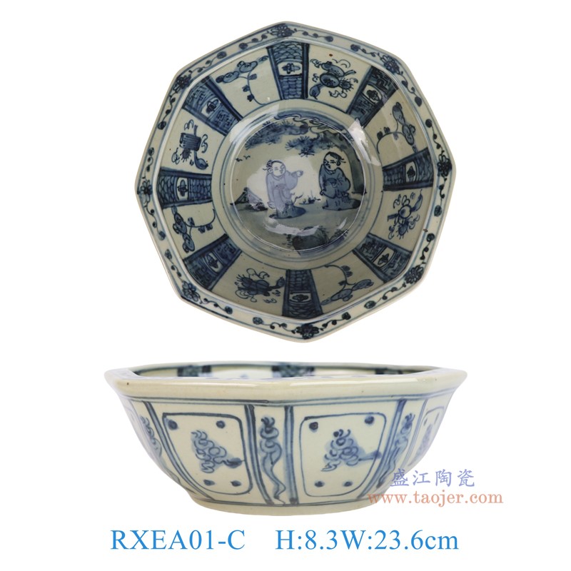 RXEA01-C青花开窗花果人物八角大碗缸