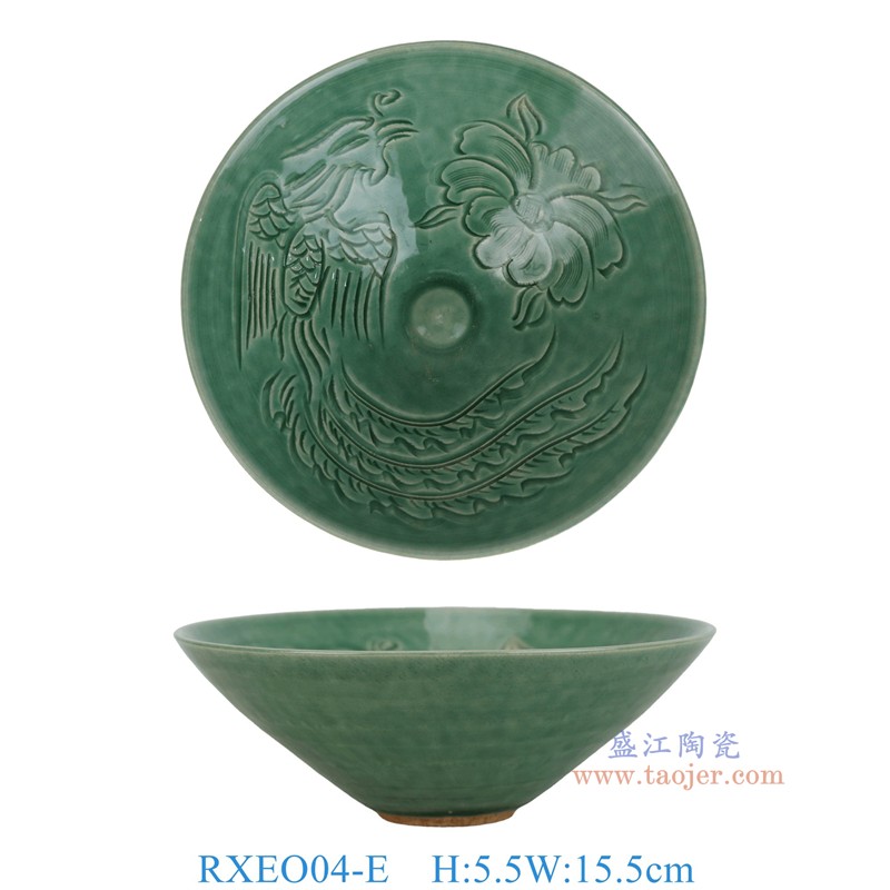 RXEO04-E 绿色雕刻凤凰斗笠碗 