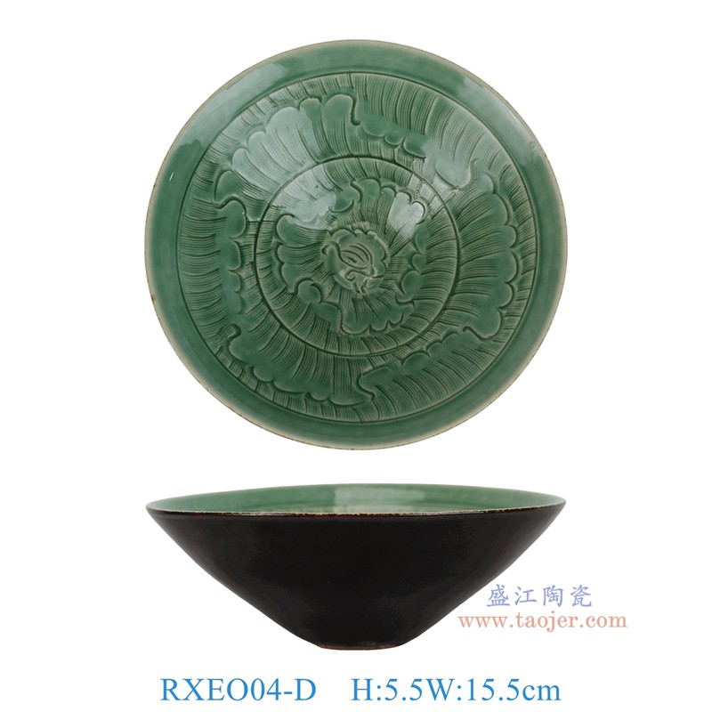 RXEO04-D 绿色雕刻牡丹花叶纹斗笠碗 