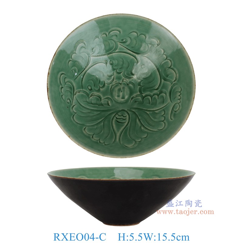 RXEO04-C 绿色雕刻花叶纹斗笠碗 