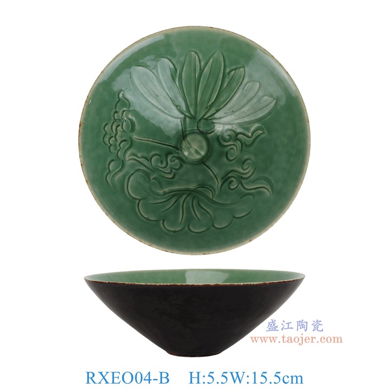 RXEO04-B 绿色雕刻荷花斗笠碗 