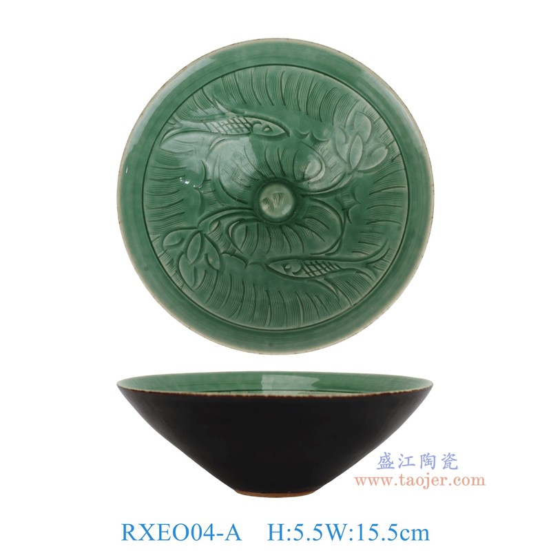 RXEO04-A  绿色雕刻鱼纹斗笠碗