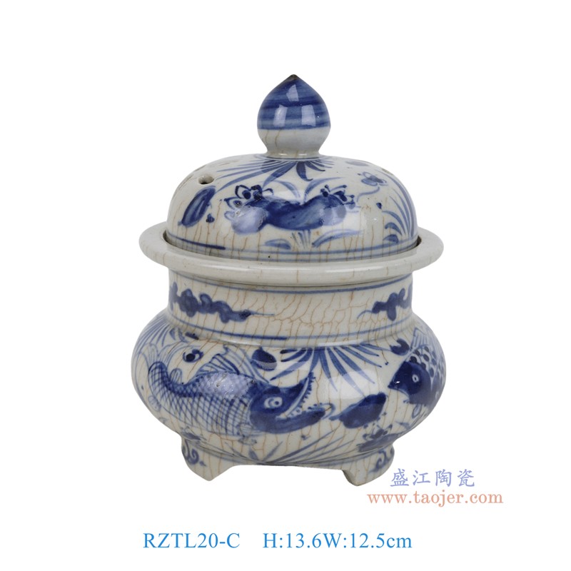 RZTL20-C青花开片鱼藻纹带盖香炉