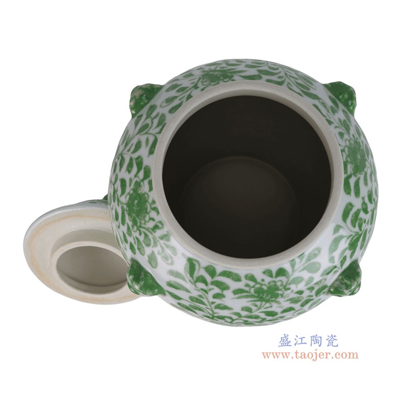 RZKR69-B  绿色缠枝牡丹纹狮子头将军罐