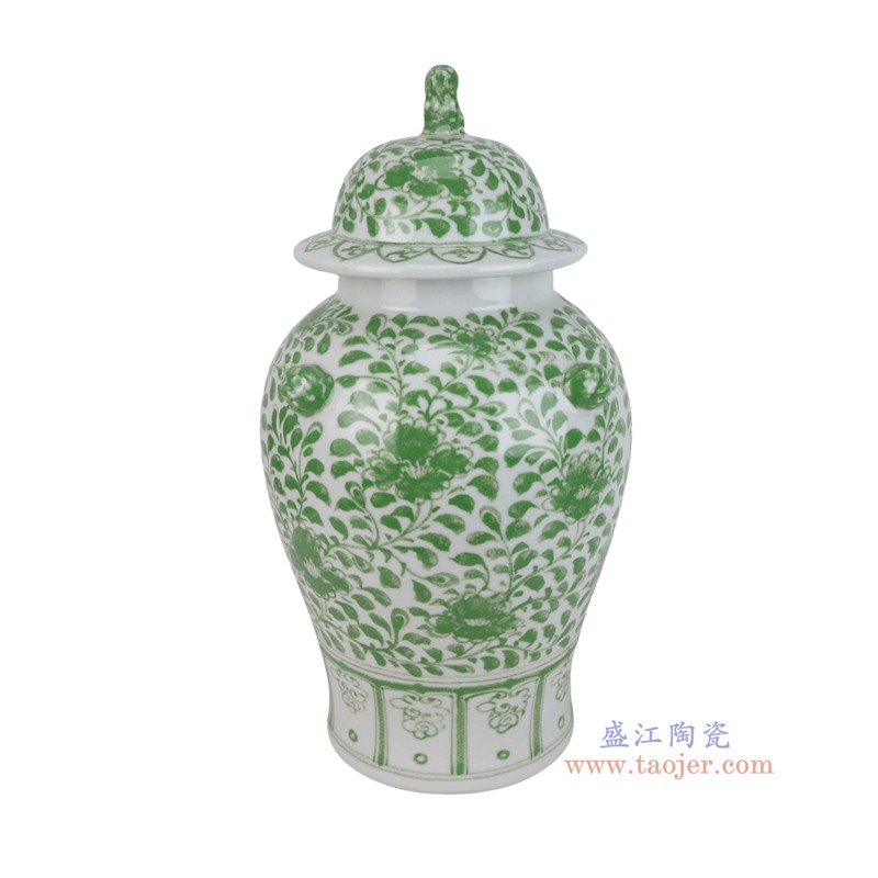 RZKR69-B  绿色缠枝牡丹纹狮子头将军罐