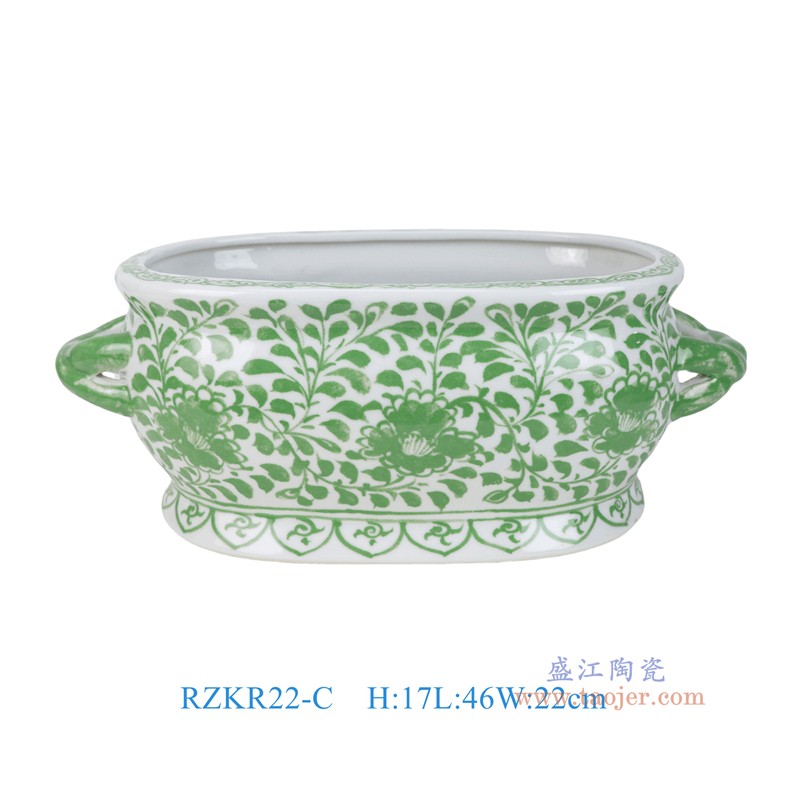 RZKR22-C绿色缠枝牡丹纹双耳椭圆花盆