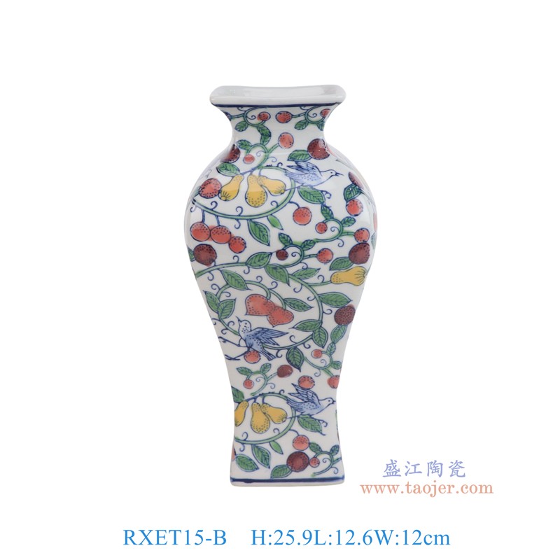 RXET15-B青花斗彩花果纹方口鱼纹瓶