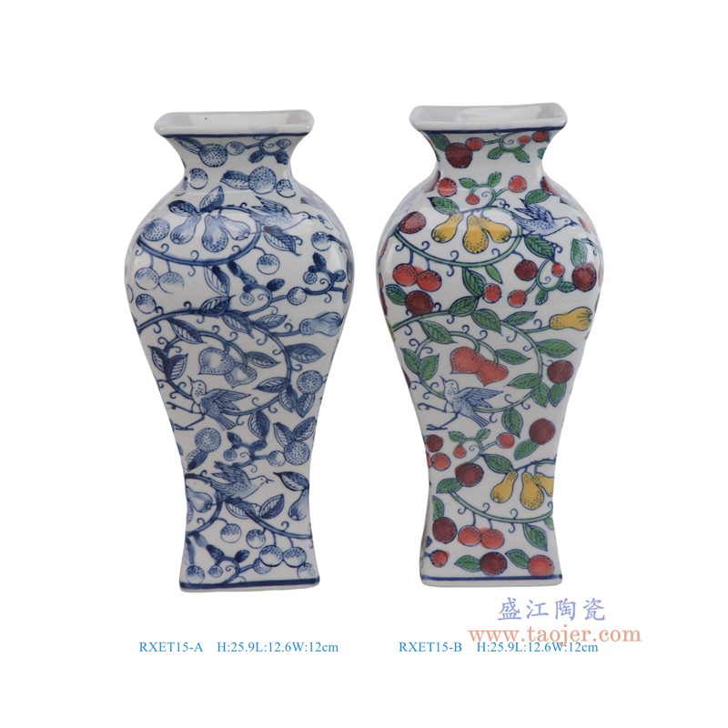 RXET15-A_RXET15-B  青花斗彩花果鸟纹方口鱼纹瓶组合