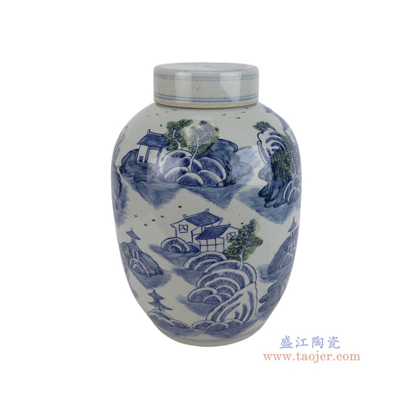 RXCG12-B 青花绿树山水冬瓜罐