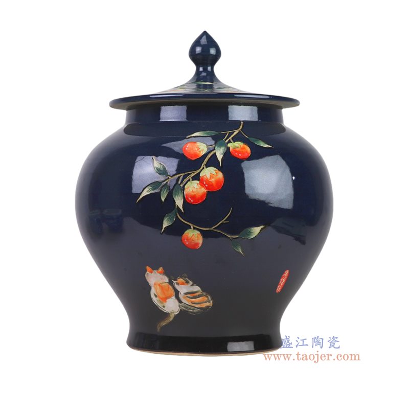 RZJX17-A  新彩蓝底红果猫咪纹将军罐盖罐