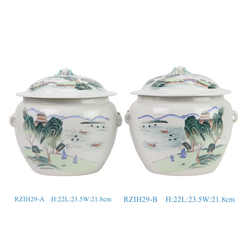 RZIH29-A_RZIH29-B 粉彩山水纹饭鼓一对