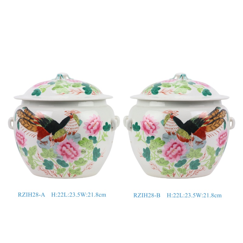 RZIH28-A_RZIH28-B  粉彩花鸟锦鸡纹饭鼓一对