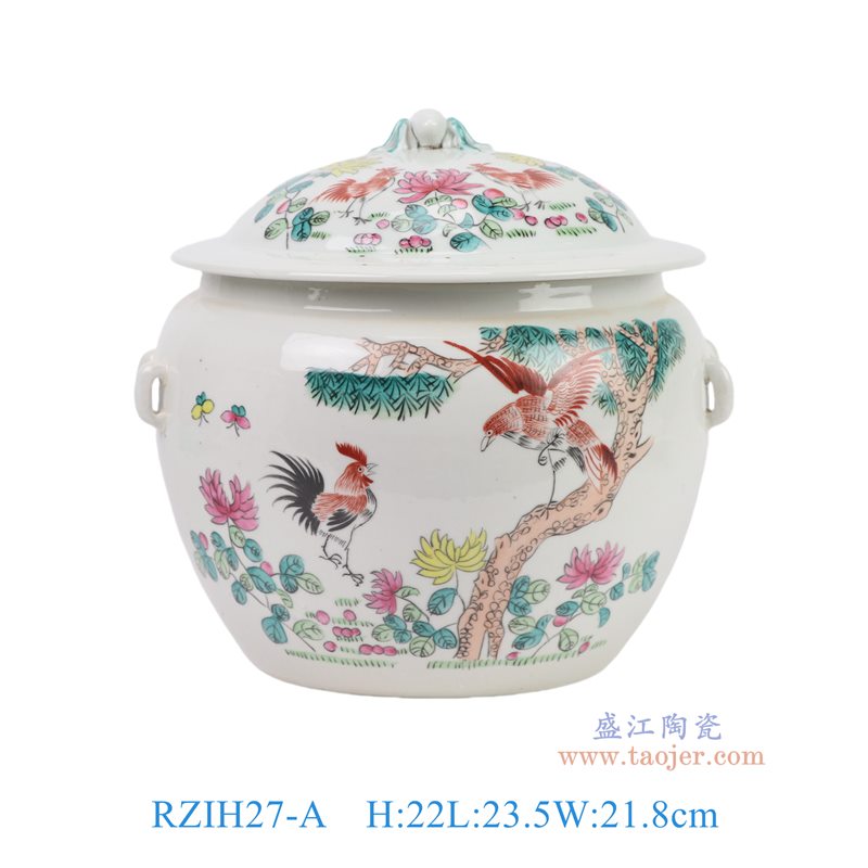 RZIH27-A粉彩花鸟公鸡纹饭鼓左边