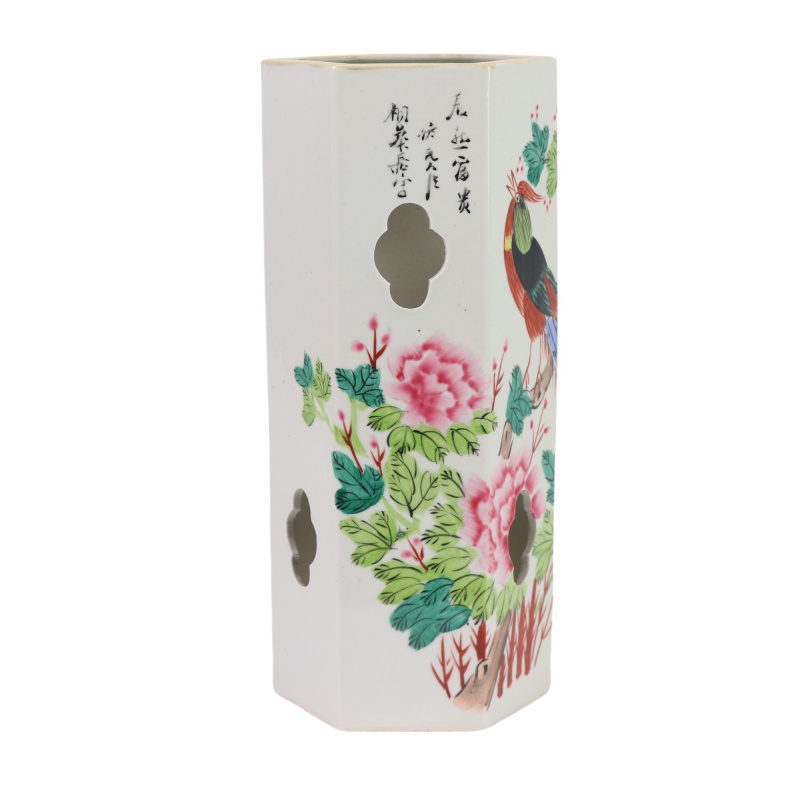 RZIH14-A   粉彩花鸟六方帽筒