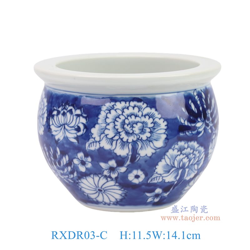 RXDR03-C青花蓝底荷花牡丹纹小缸香炉