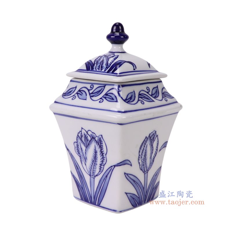 RXCM10-C  青花花叶纹四方小将军罐茶叶罐