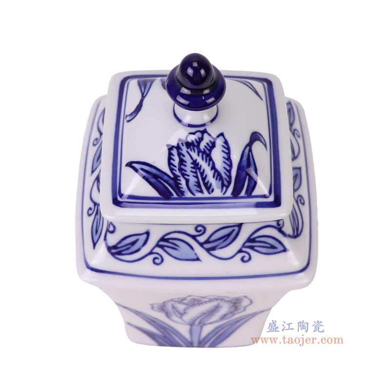 RXCM10-C  青花花叶纹四方小将军罐茶叶罐