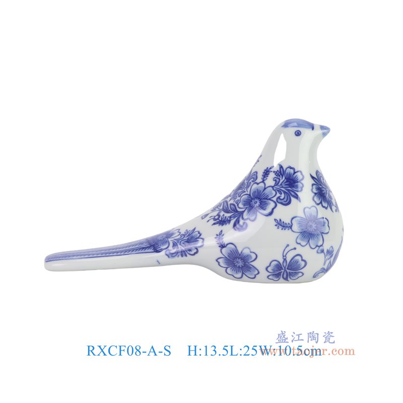 RXCF08-A-S青花花叶纹长尾鸟雕塑小号