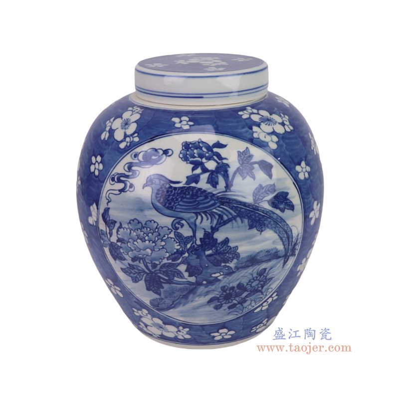 RXCS07-H   青花蓝底梅花开窗花鸟眀罐圆坛子