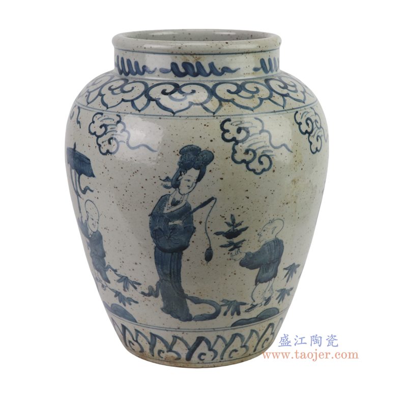 RZFB10-B   脚踩泥青花人物仕女冬瓜罐