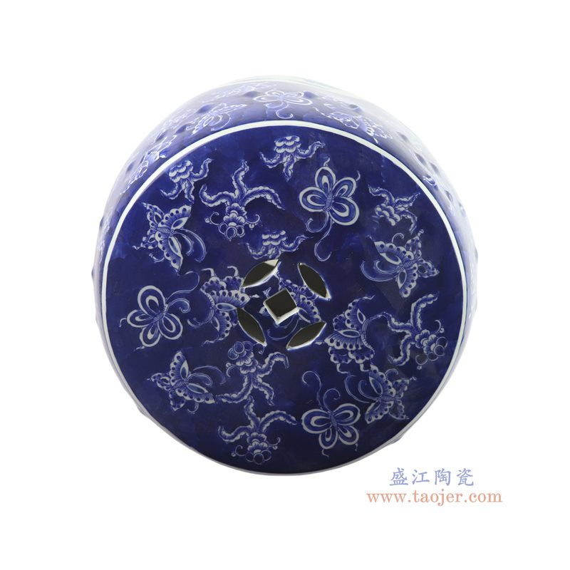 RYNQ251-E   青花蓝底蝴蝶纹开窗山水鼓凳凉墩