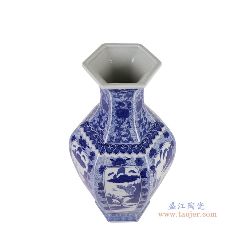 RYJF91-A   青花蓝底开窗山水六方赏瓶