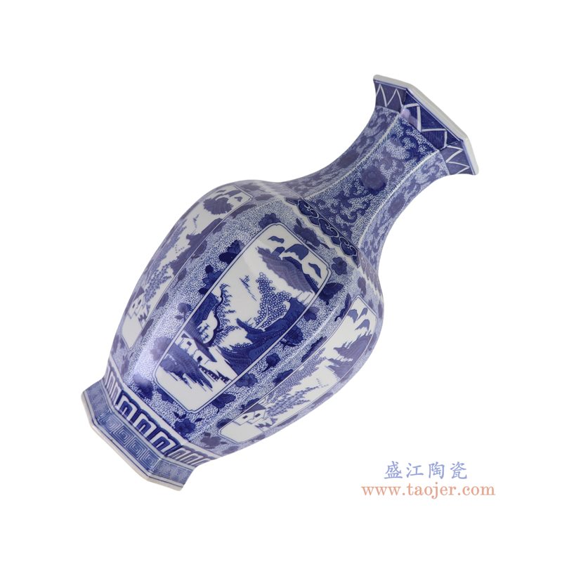 RYJF91-A   青花蓝底开窗山水六方赏瓶