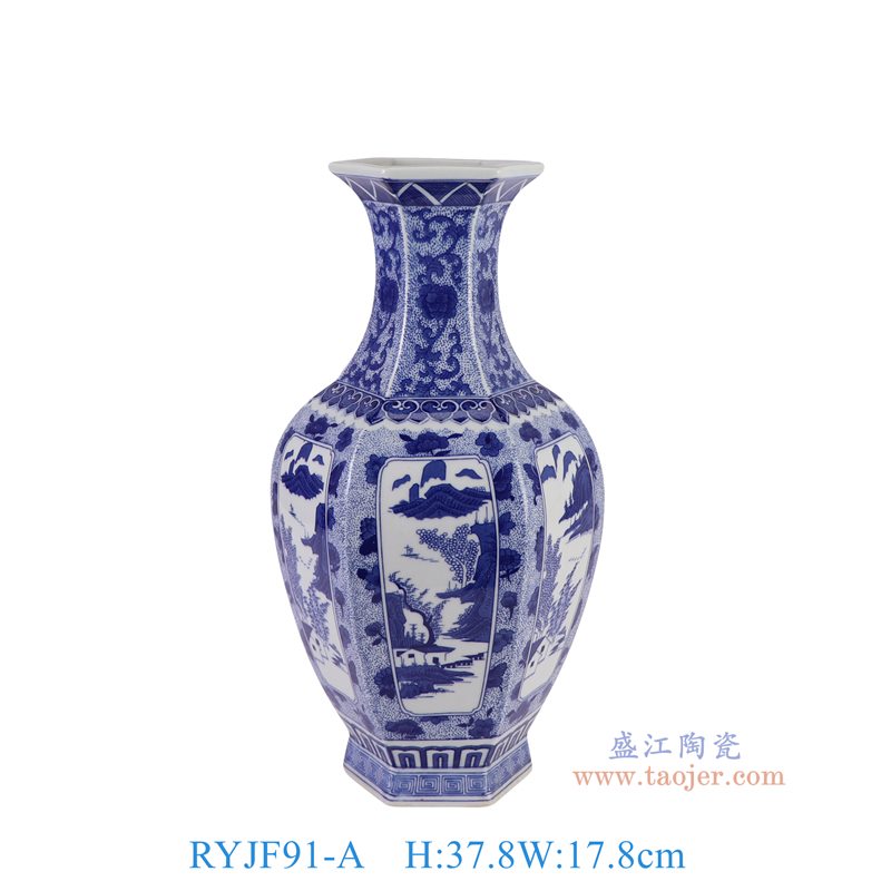 RYJF91-A   青花蓝底开窗山水六方赏瓶