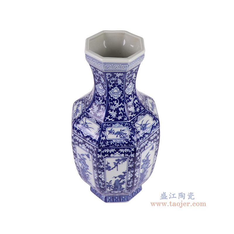 RYJF87-A   青花蓝底开窗花鸟蝴蝶纹八方赏瓶