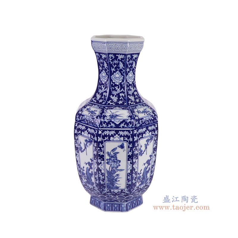 RYJF87-A   青花蓝底开窗花鸟蝴蝶纹八方赏瓶