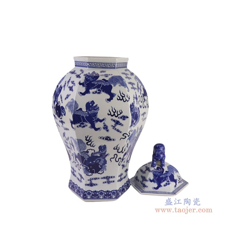RYJF63-E   青花狮子纹六角狮头将军罐