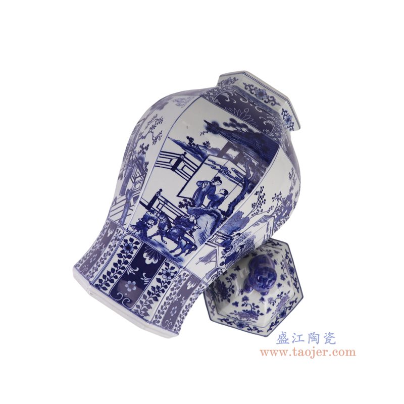 RYJF63-D  青花人物六角狮头将军罐